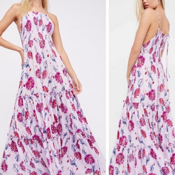 Free People Garden Party Dress Boho Lilac Floral Tiered Maxi - Picture 12 of 12